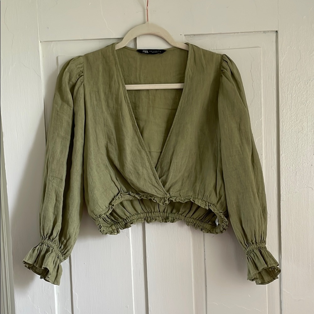 Zara Green Puff Sleeve Crop Blouse